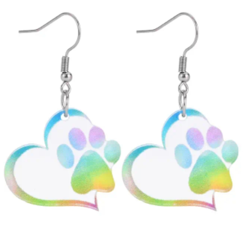 Colorful heart with animal paw e4rrings
